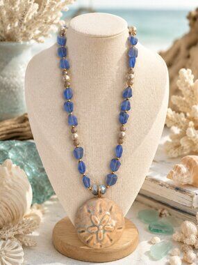 Blue Coastal Sand Dollar Necklace | Beach Beaded Necklace | Pearl Accent Summer